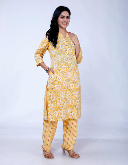 Sakura Yellow Floral Print Cotton Kurta with Palazzo Set for Women – 100% Cambric Cotton, Comfortable Fit, Pockets