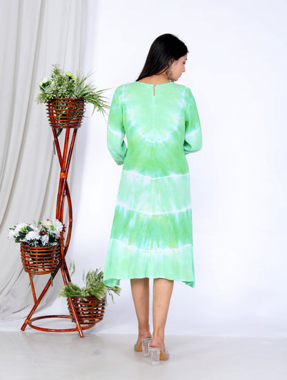 Handcrafted Tie-Dye Rayon Dress with Embroidery - Fresh Green