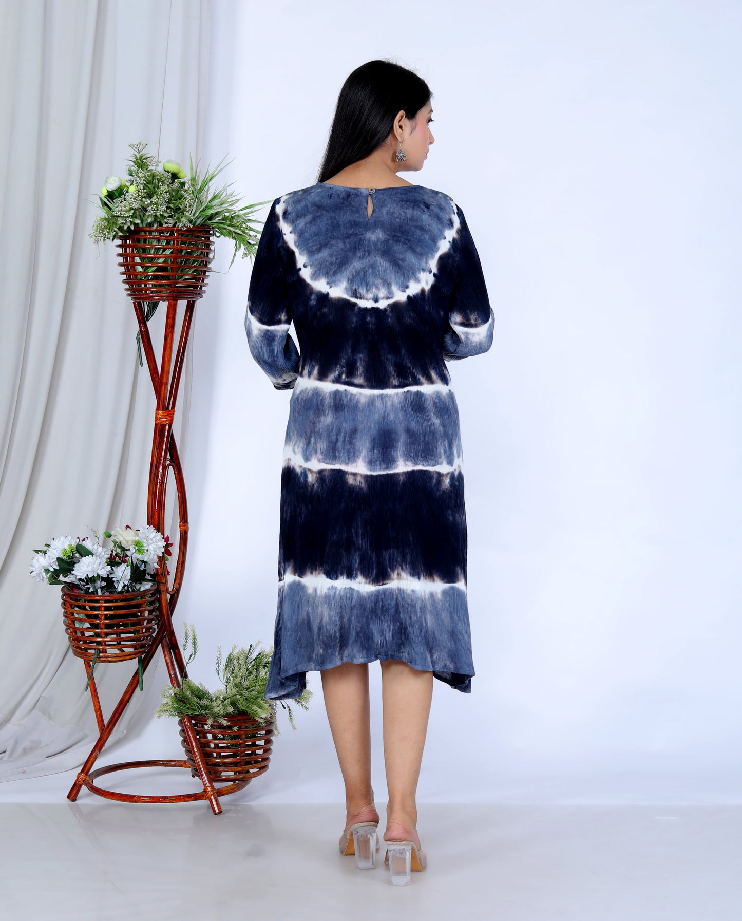 Elegant Handcrafted Tie-Dye Rayon Dress with Embroidery - Navy Blue