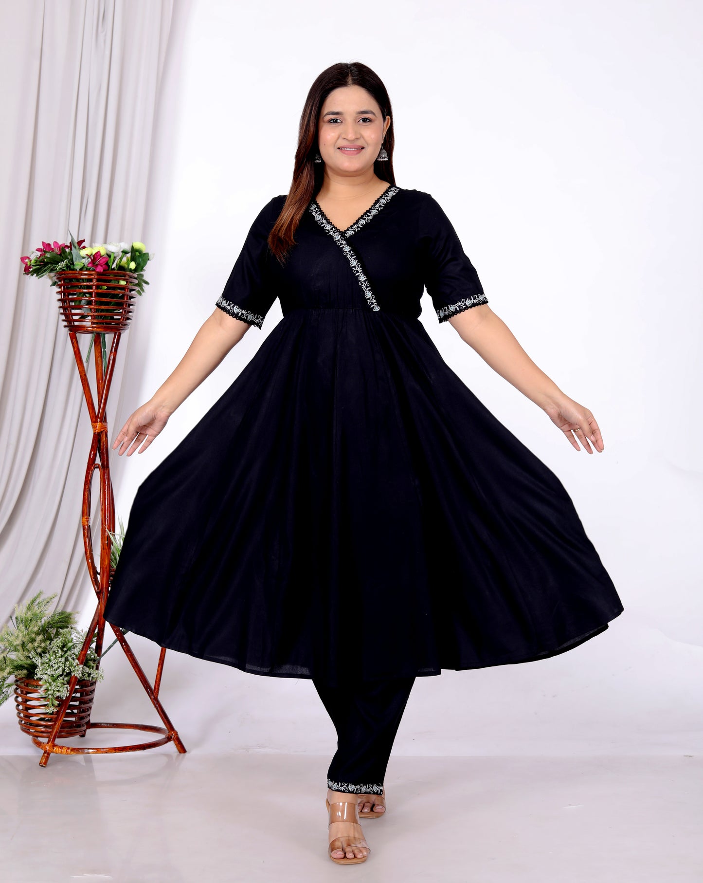 Women's Black Embroidered Angrakha Anarkali Kurta Palazzo Dupatta Set