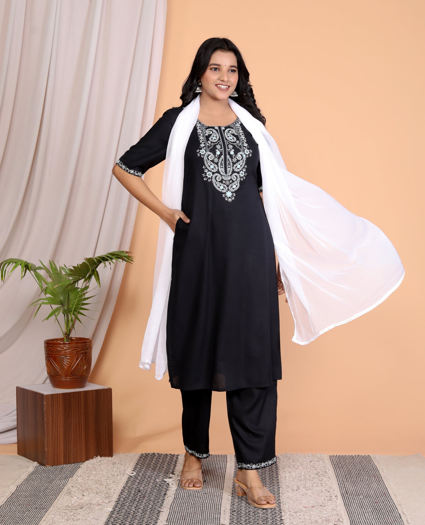 Black Rayon Embroidered Kurta Set with Dupatta - Sakura