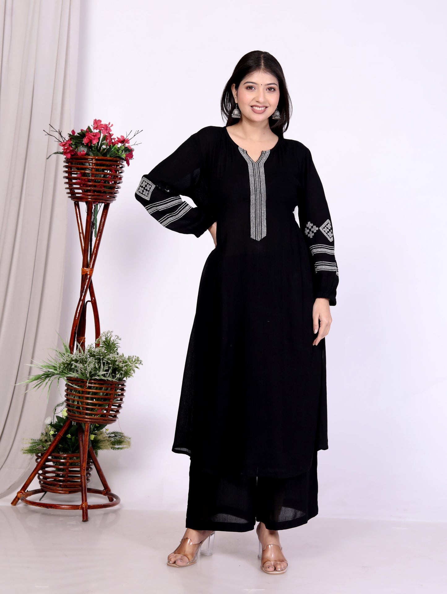 Sakura Black Embroidered Viscose Rayon Crepe Kurta Set for Women | Ethnic Wear for Casual & Festive Occasions