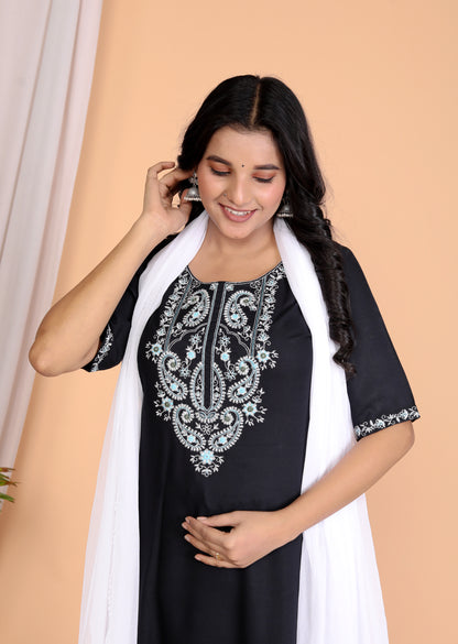 Black Rayon Embroidered Kurta Set with Dupatta - Sakura