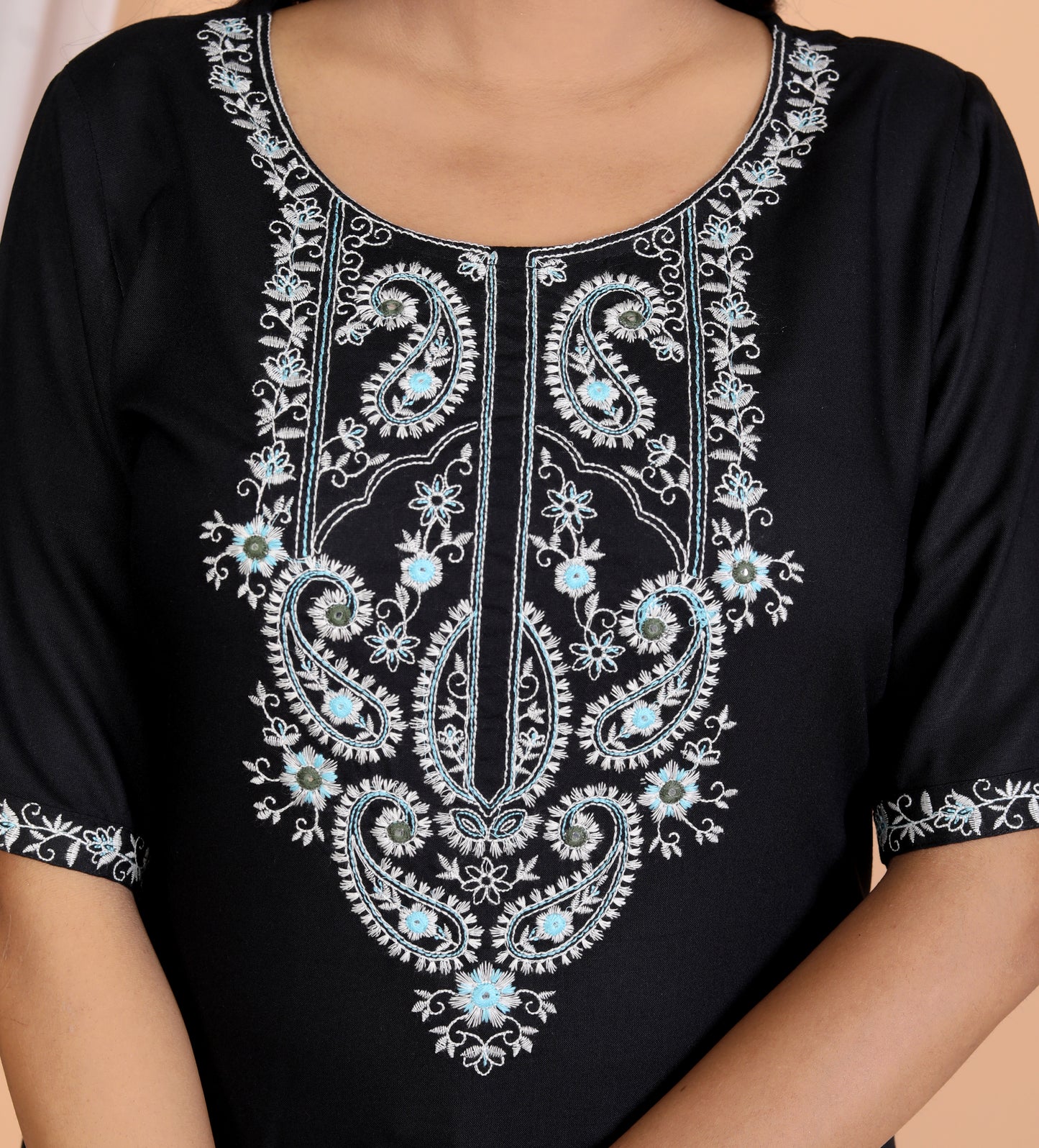 Black Rayon Embroidered Kurta Set with Dupatta - Sakura