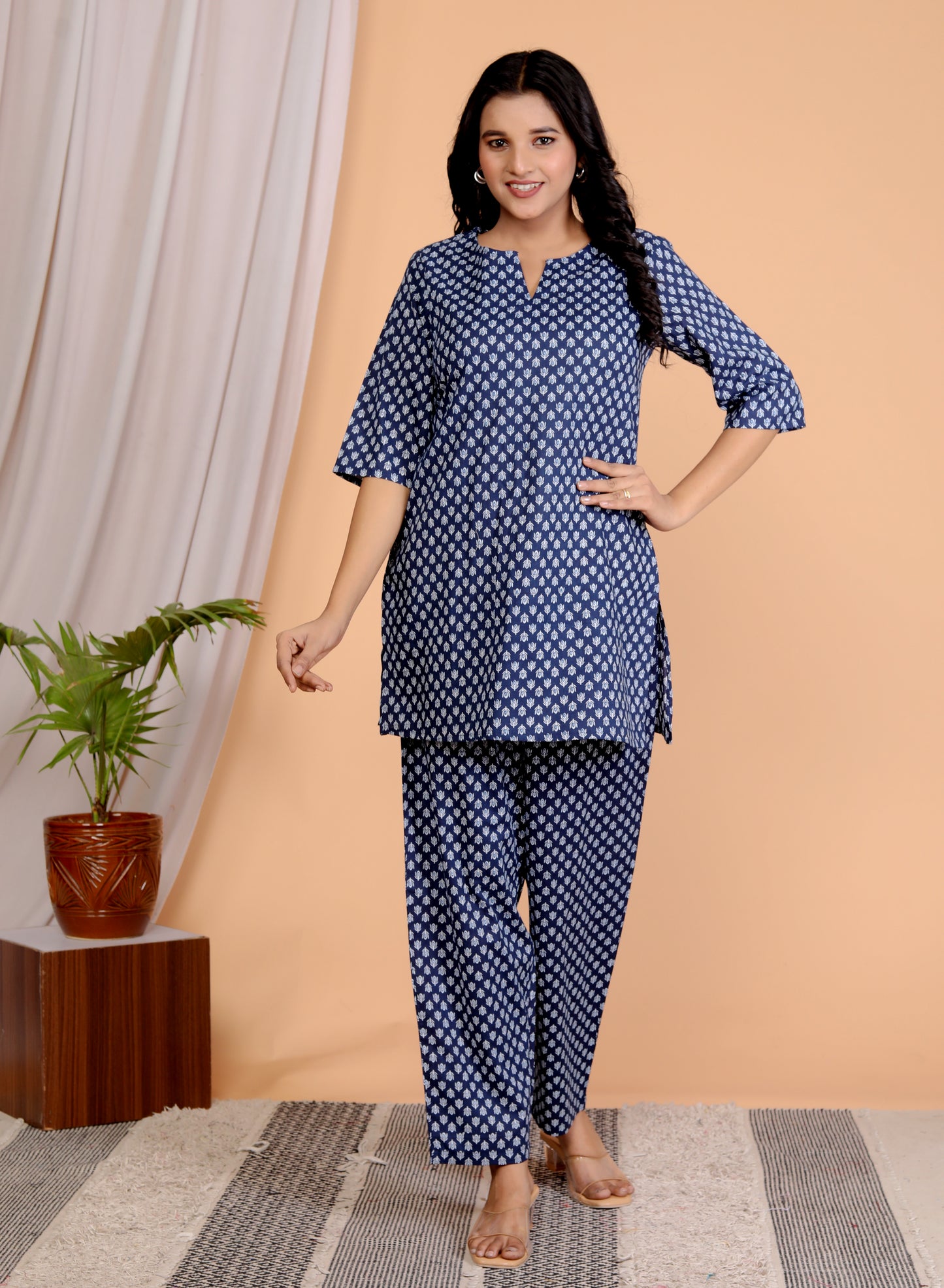 Women's Blue Floral Printed 100% Cotton Kurta and Palazzo Set