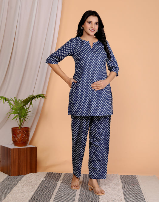 Women's Blue Floral Printed 100% Cotton Kurta and Palazzo Set