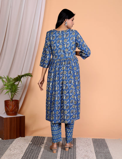 Women’s Hand-Embroidered Blue Floral Cambric Cotton Anarkali Kurta Set with Palazzo – Elegant Ethnic Wear with Lace Detailing