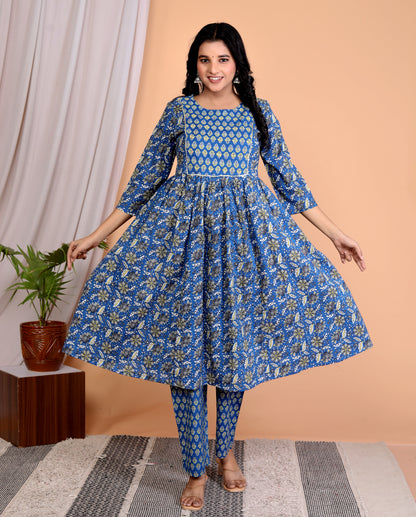 Women’s Hand-Embroidered Blue Floral Cambric Cotton Anarkali Kurta Set with Palazzo – Elegant Ethnic Wear with Lace Detailing