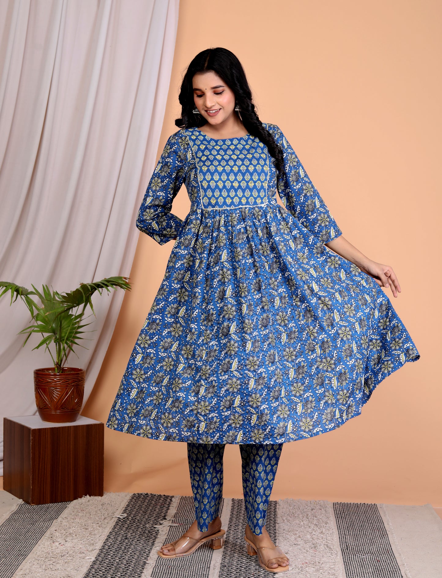 Women’s Hand-Embroidered Blue Floral Cambric Cotton Anarkali Kurta Set with Palazzo – Elegant Ethnic Wear with Lace Detailing