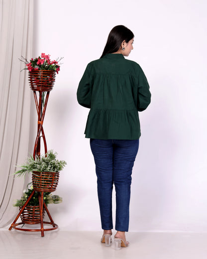 Women's Stylish Dark Green Peplum Shirt - 100% Cambric Cotton | Casual & Formal Wear"