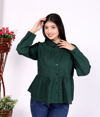 Women's Stylish Dark Green Peplum Shirt - 100% Cambric Cotton | Casual & Formal Wear"