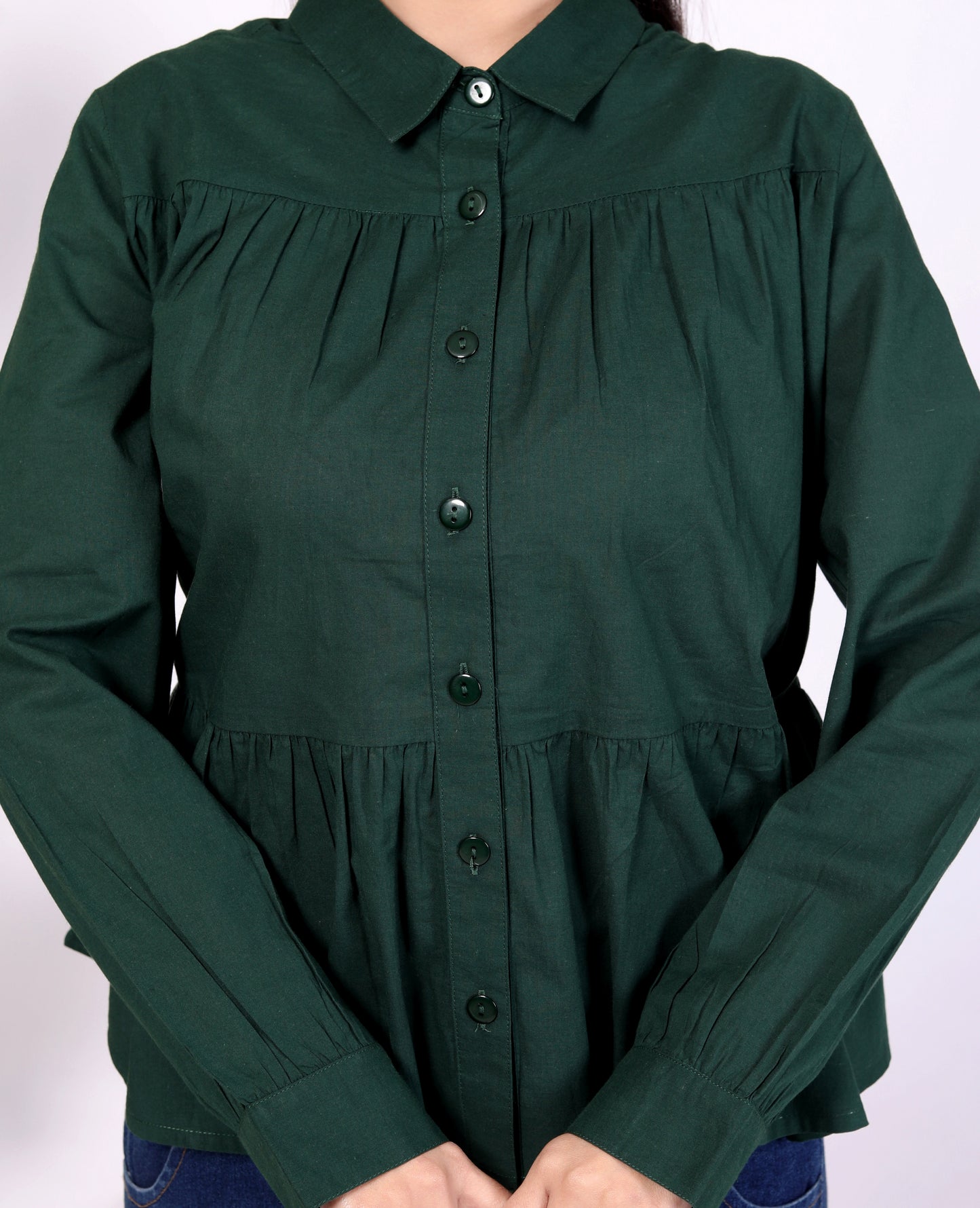 Women's Stylish Dark Green Peplum Shirt - 100% Cambric Cotton | Casual & Formal Wear"