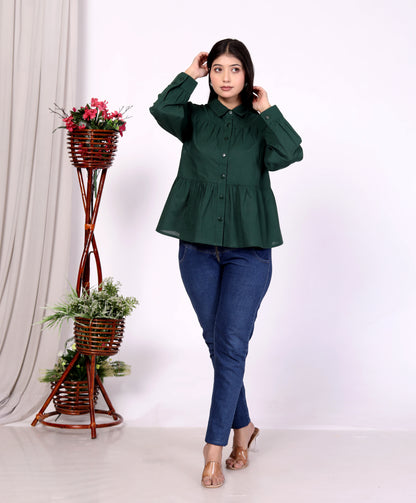 Women's Stylish Dark Green Peplum Shirt - 100% Cambric Cotton | Casual & Formal Wear"