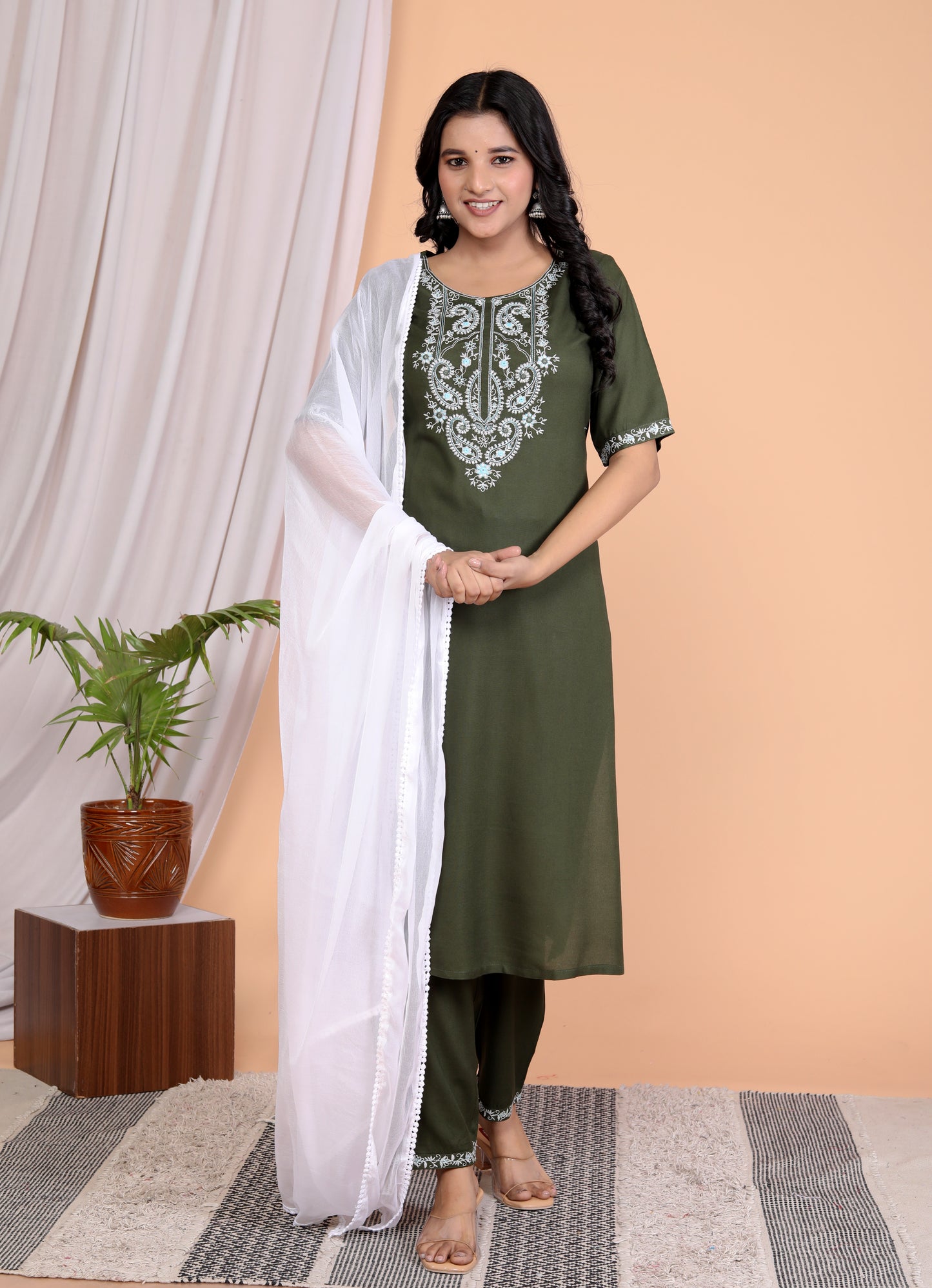 Dark Olive Rayon Embroidered Kurta Set with Dupatta - Sakura