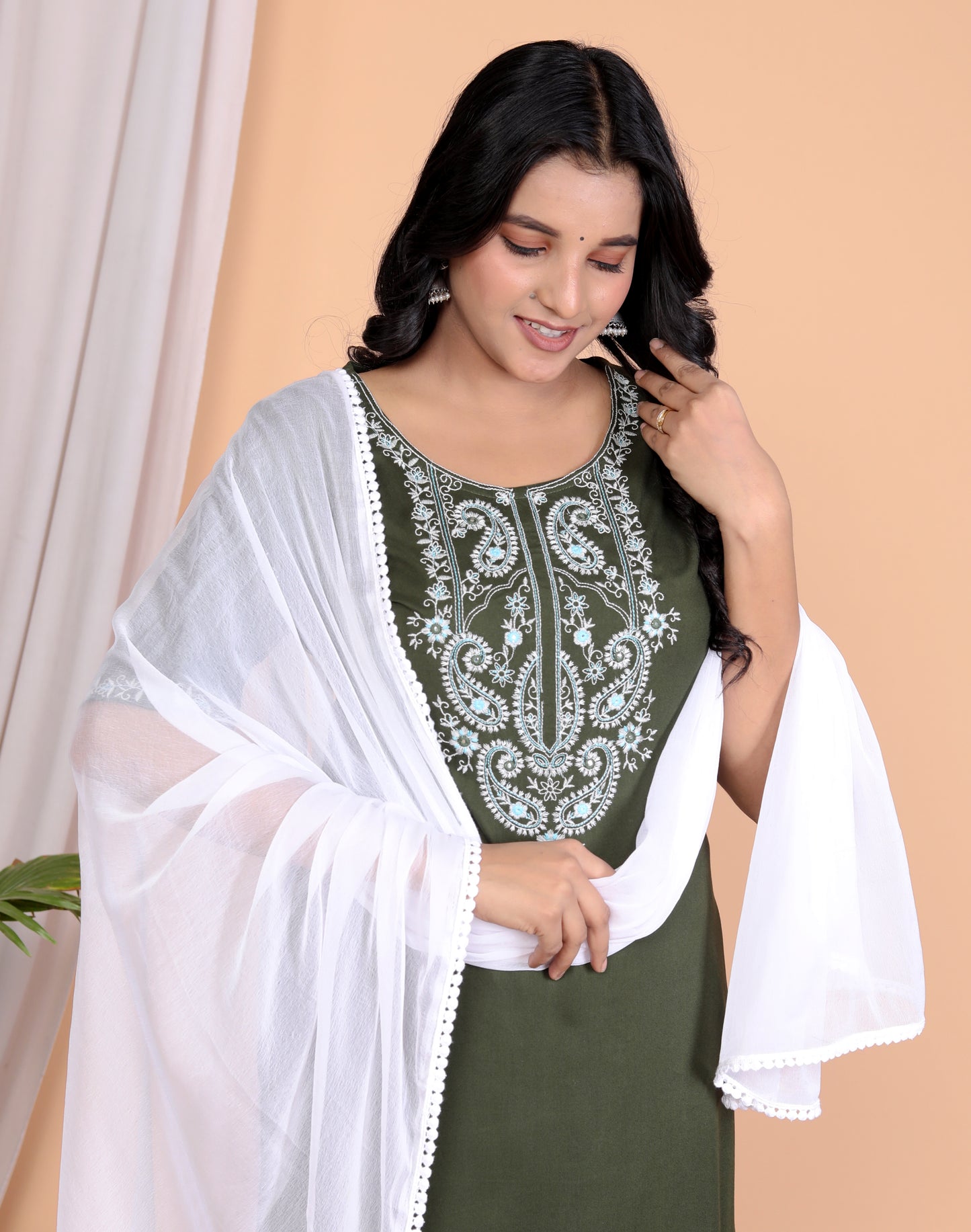 Dark Olive Rayon Embroidered Kurta Set with Dupatta - Sakura