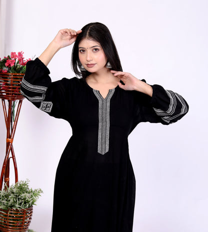 Sakura Black Embroidered Viscose Rayon Crepe Kurta Set for Women | Ethnic Wear for Casual & Festive Occasions