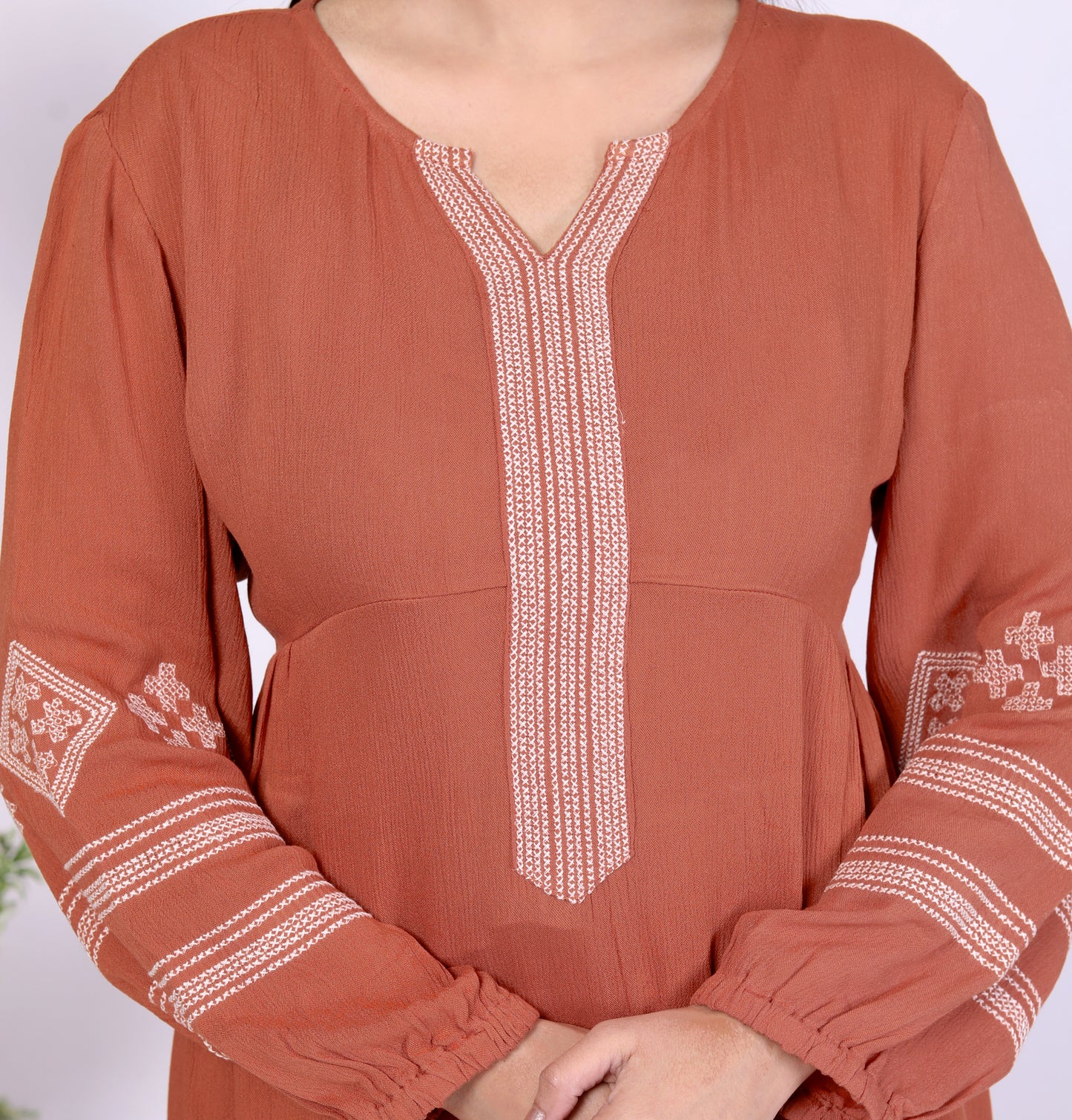 Sakura Rust Embroidered Viscose Rayon Crepe Kurta Set for Women | Ethnic Wear for Casual & Festive Occasions