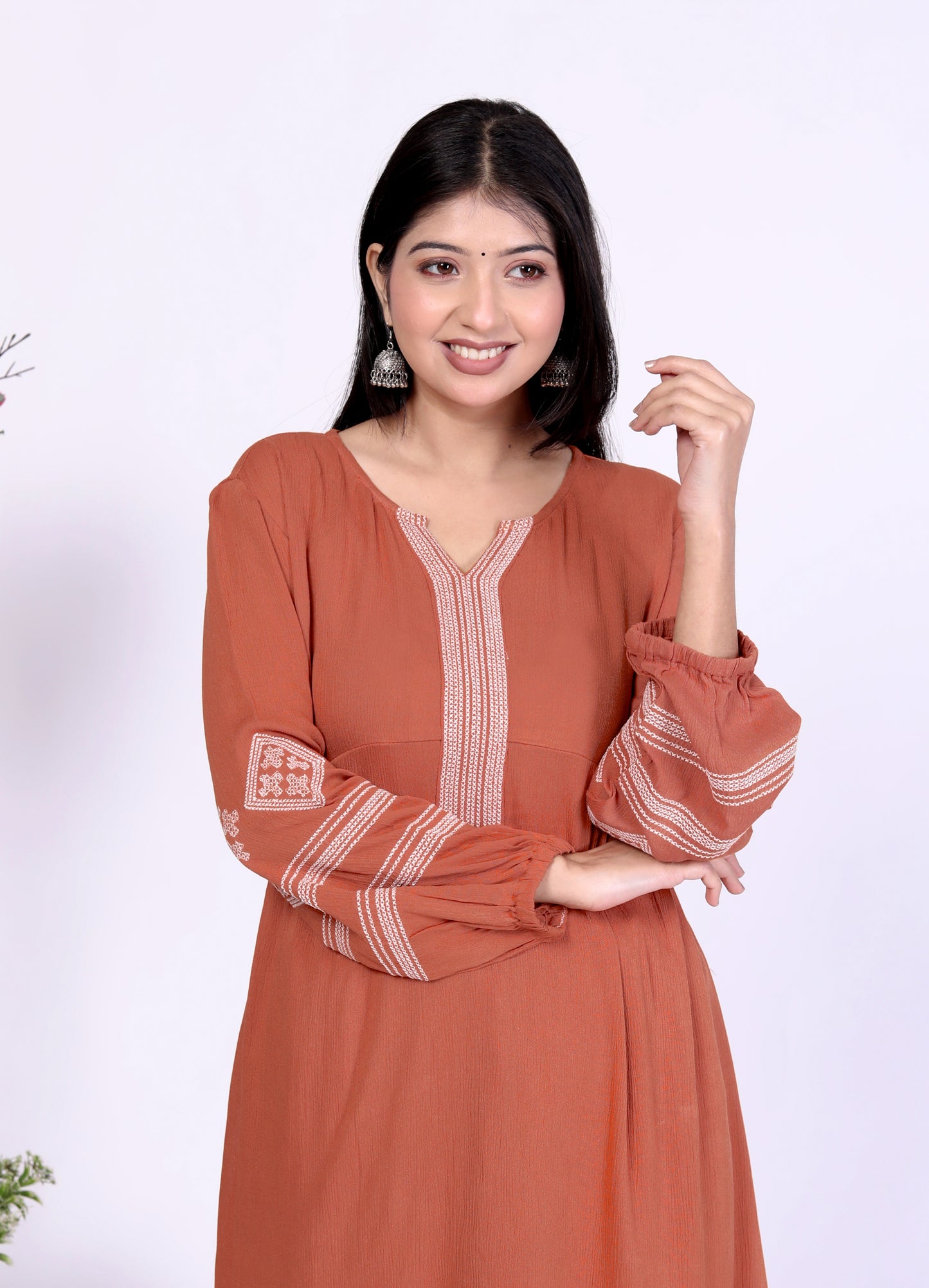 Sakura Rust Embroidered Viscose Rayon Crepe Kurta Set for Women | Ethnic Wear for Casual & Festive Occasions