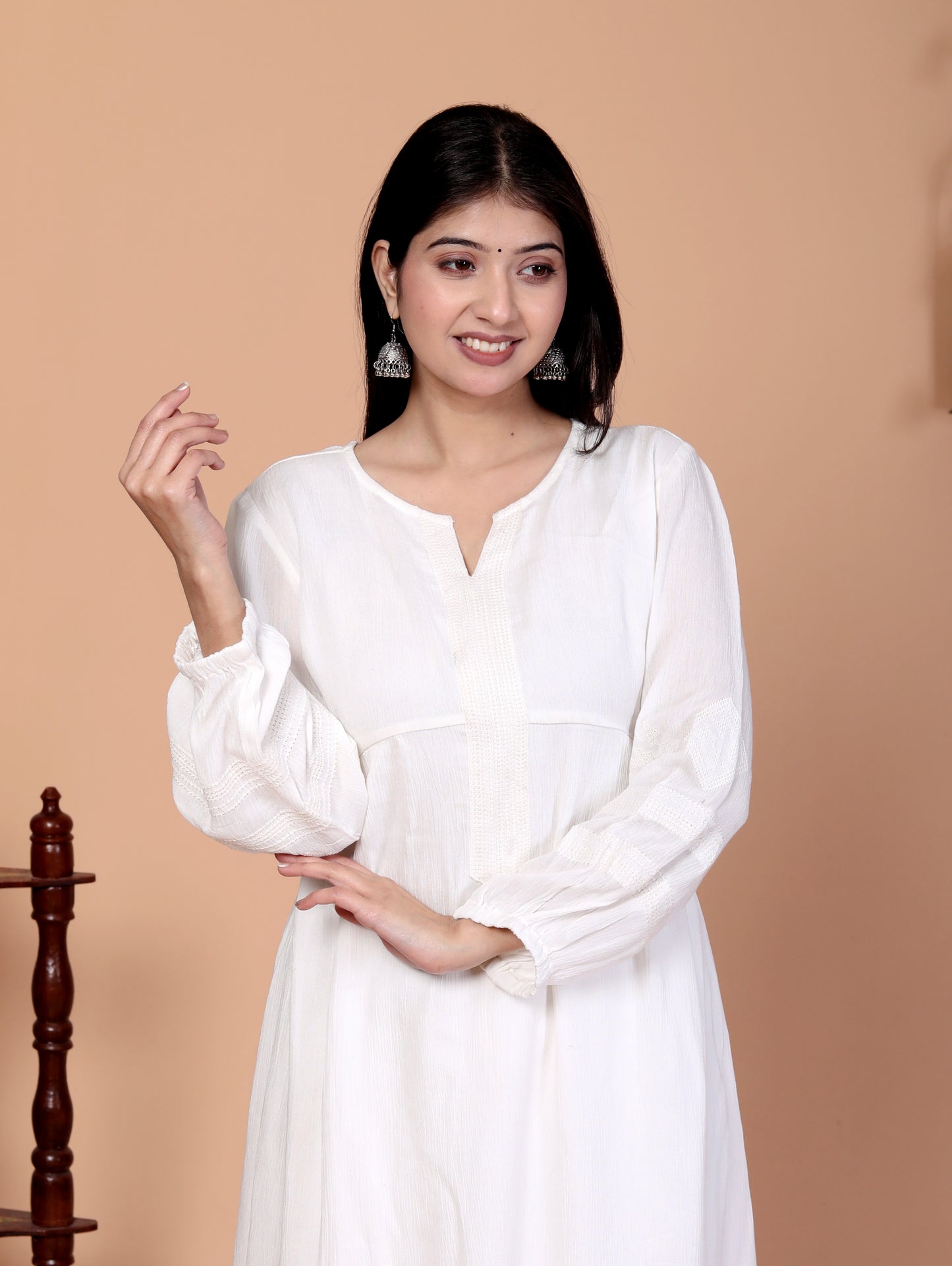 Sakura White Embroidered Viscose Rayon Crepe Kurta Set for Women | 100% Cotton Lined Ethnic Wear for Festive & Casual Occasions