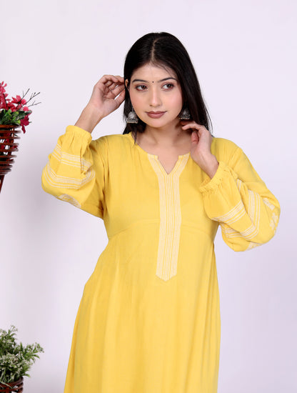 Sakura Yellow Embroidered Viscose Rayon Crepe Kurta Set for Women | Ethnic Wear for Festive & Casual Occasions