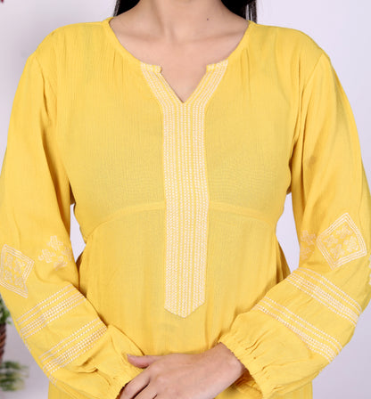 Sakura Yellow Embroidered Viscose Rayon Crepe Kurta Set for Women | Ethnic Wear for Festive & Casual Occasions