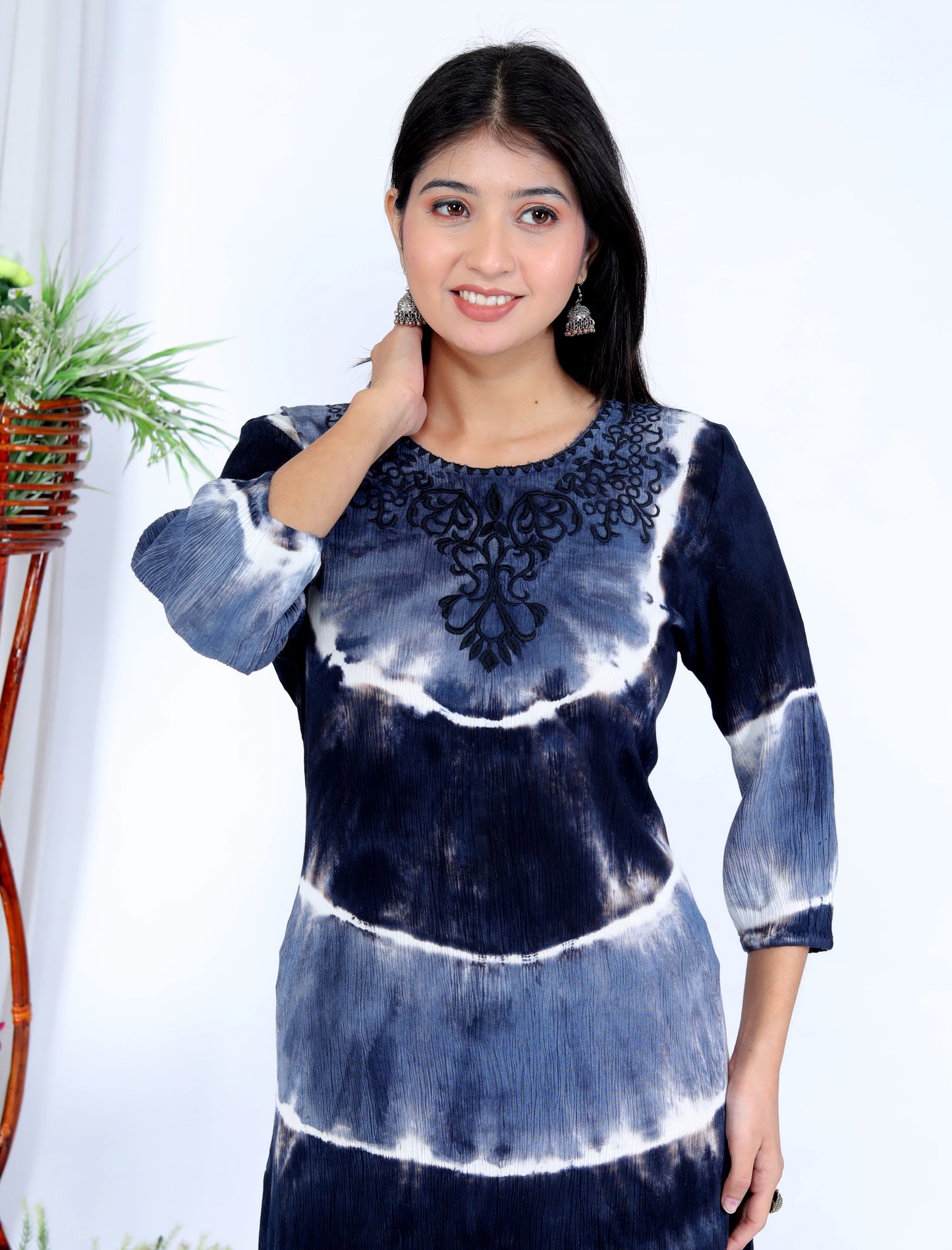 Elegant Handcrafted Tie-Dye Rayon Dress with Embroidery - Navy Blue