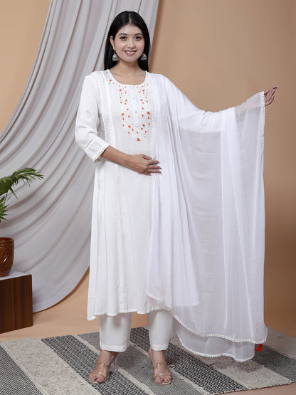 Elegant White Embroidered Kurta Set with Palazzo and Dupatta | 100% Liva Viscose Rayon Staple