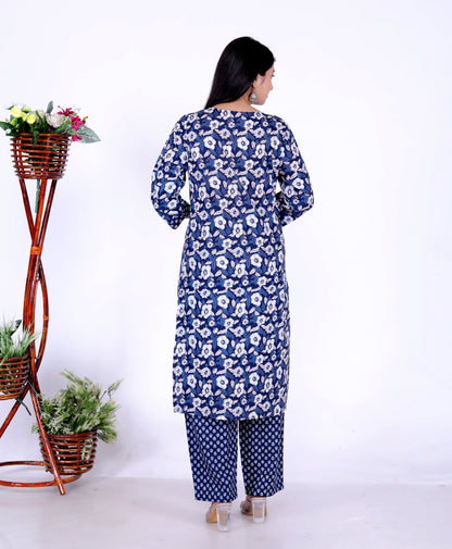 Women's Floral Blue Cotton Kurta with Hand-Embroidered Yoke and Palazzo Pants - 100% Cambric Cotton | Jaipur Ethnic Set