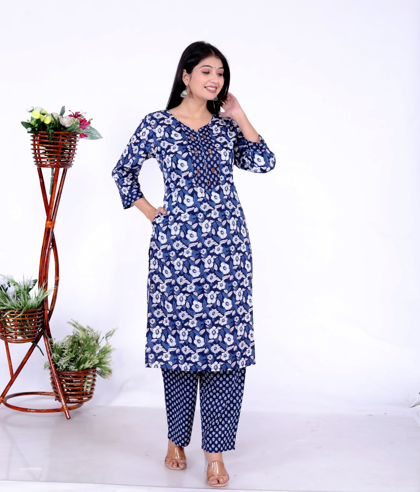 Women's Floral Blue Cotton Kurta with Hand-Embroidered Yoke and Palazzo Pants - 100% Cambric Cotton | Jaipur Ethnic Set