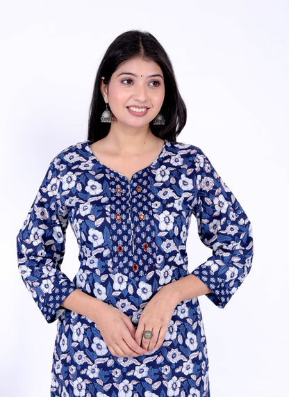 Women's Floral Blue Cotton Kurta with Hand-Embroidered Yoke and Palazzo Pants - 100% Cambric Cotton | Jaipur Ethnic Set