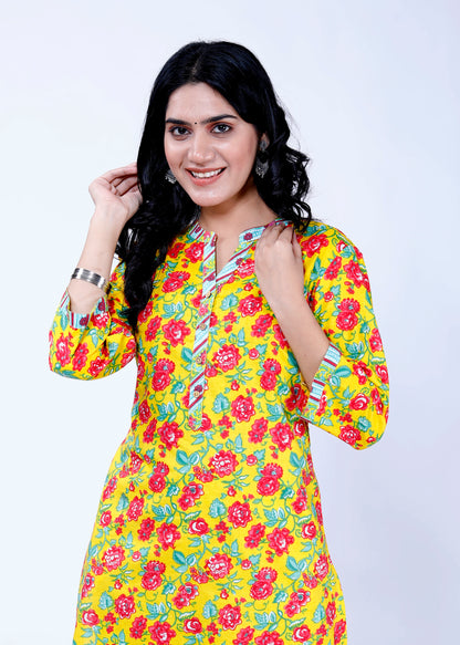 Sakura Bright Floral Straight-Cut Kurta with Matching Palazzo Set - 100% Cambric Cotton