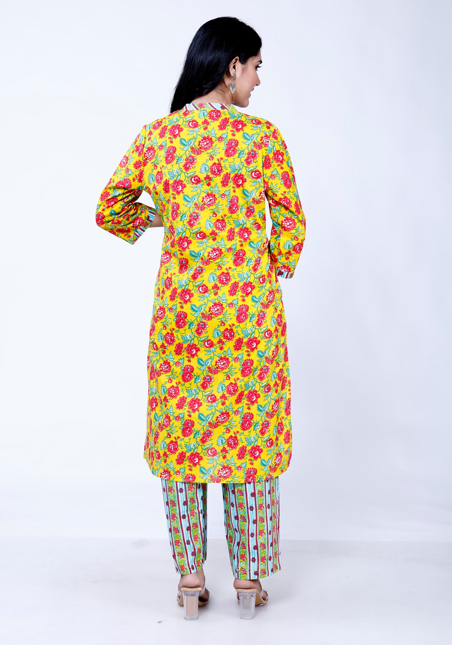 Sakura Bright Floral Straight-Cut Kurta with Matching Palazzo Set - 100% Cambric Cotton