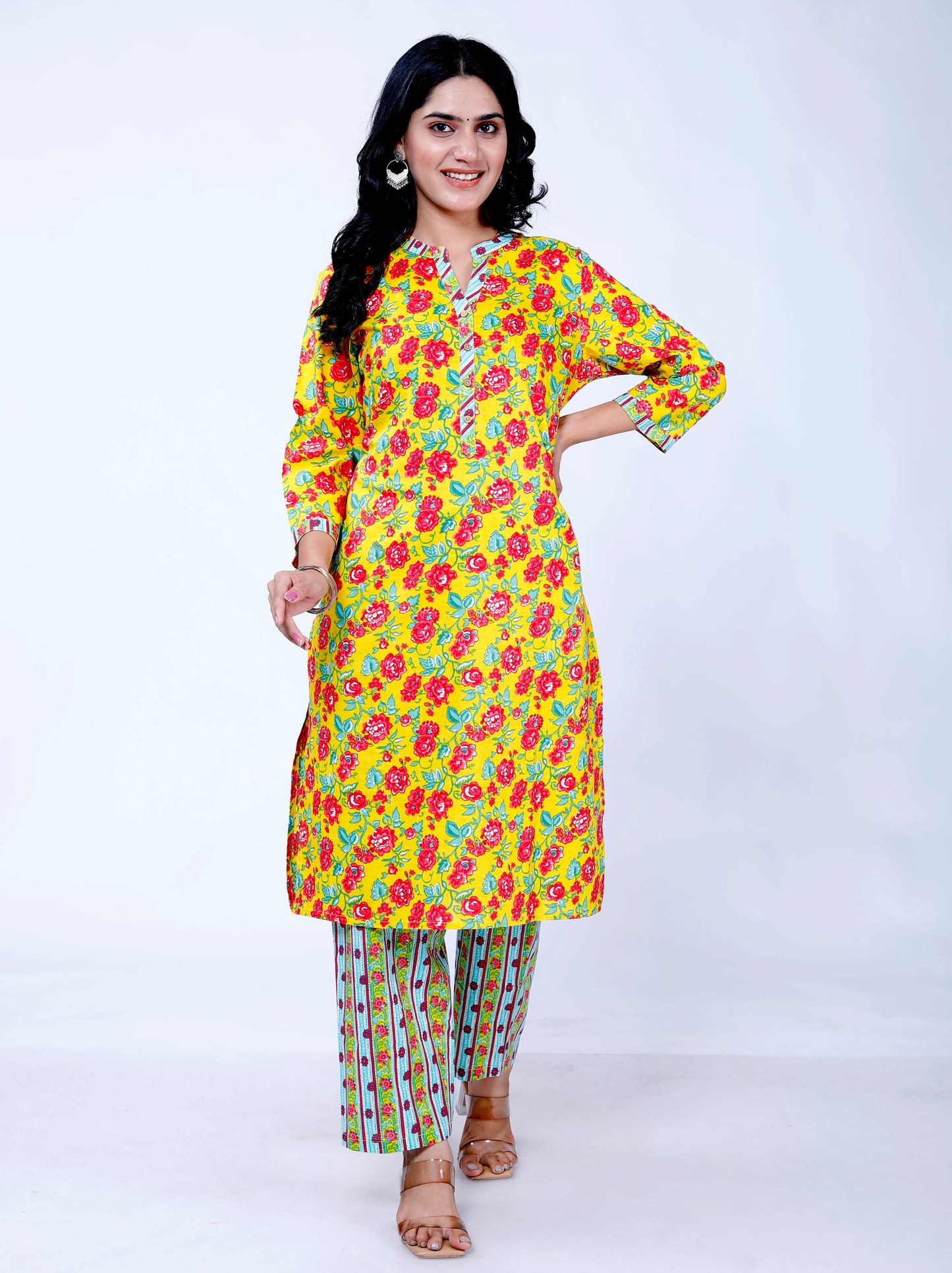 Sakura Bright Floral Straight-Cut Kurta with Matching Palazzo Set - 100% Cambric Cotton