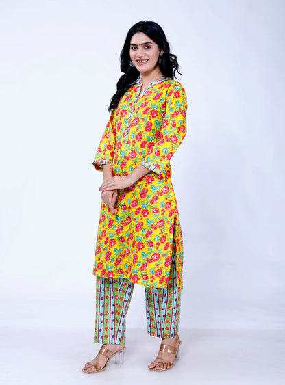 Sakura Bright Floral Straight-Cut Kurta with Matching Palazzo Set - 100% Cambric Cotton