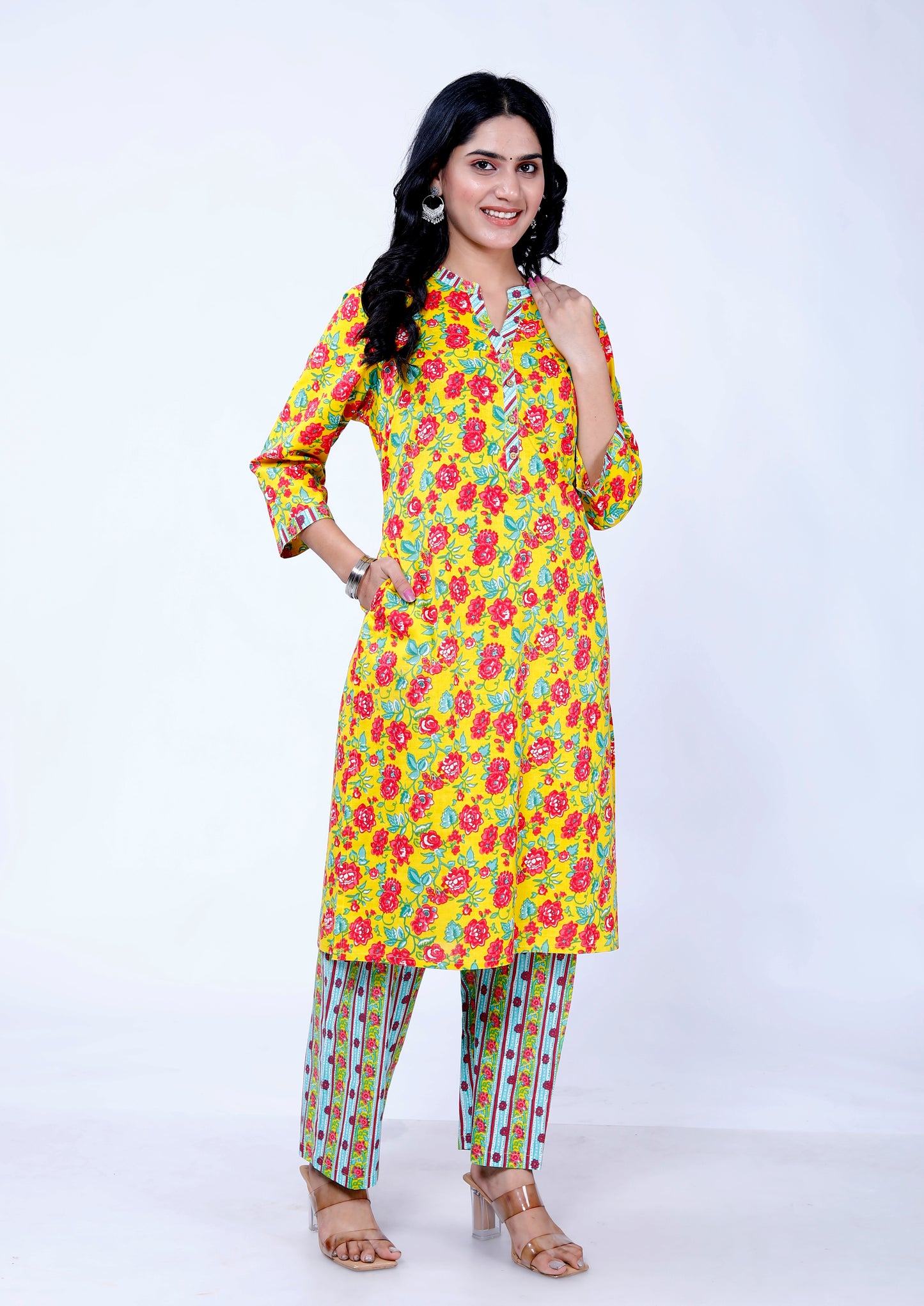 Sakura Bright Floral Straight-Cut Kurta with Matching Palazzo Set - 100% Cambric Cotton