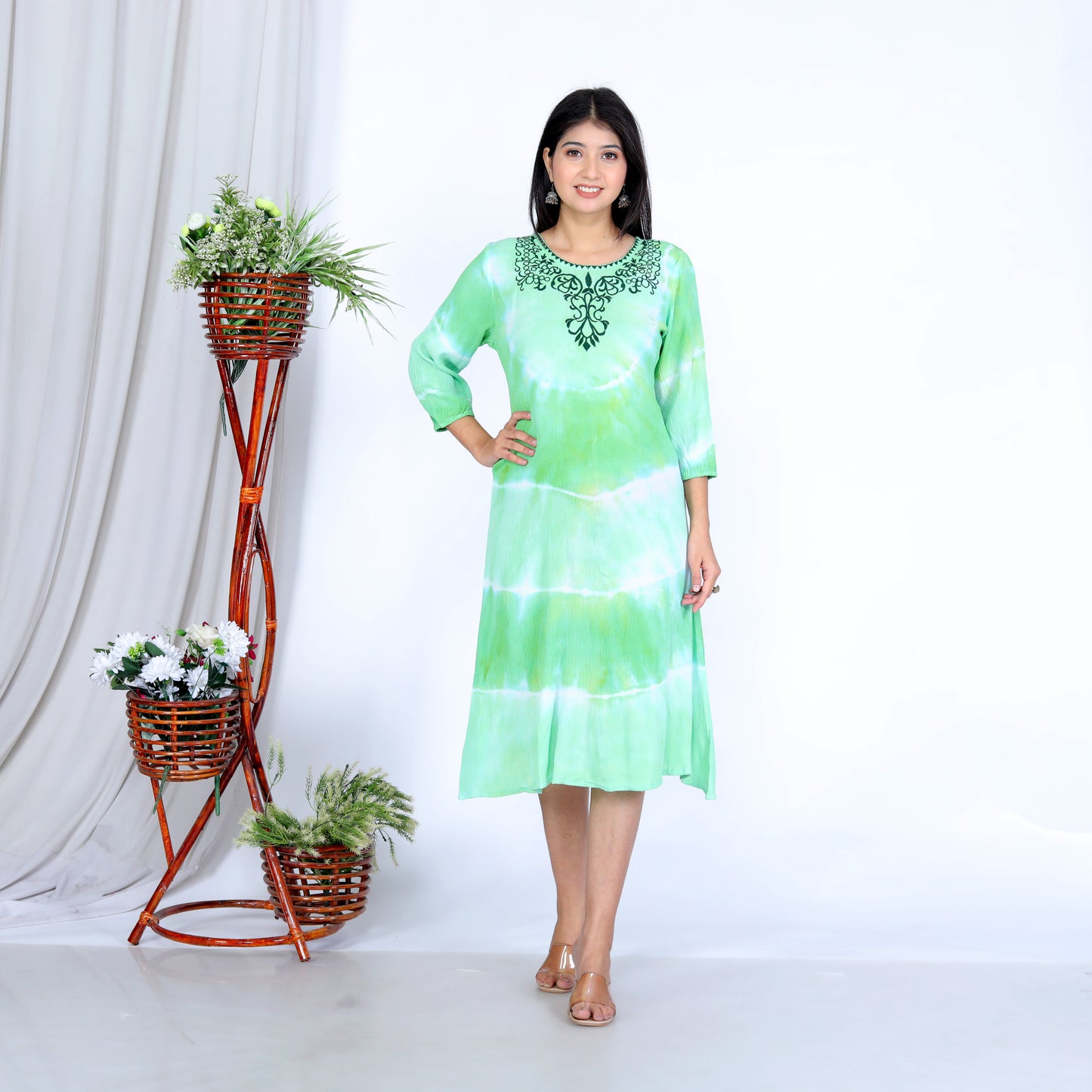 Handcrafted Tie-Dye Rayon Dress with Embroidery - Fresh Green