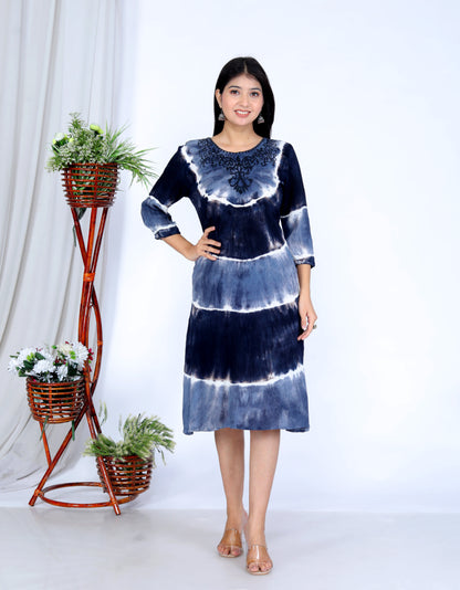 Elegant Handcrafted Tie-Dye Rayon Dress with Embroidery - Navy Blue