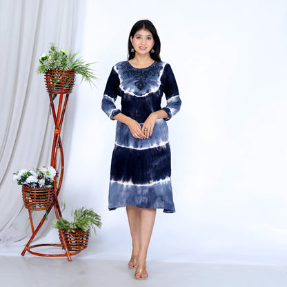 Elegant Handcrafted Tie-Dye Rayon Dress with Embroidery - Navy Blue