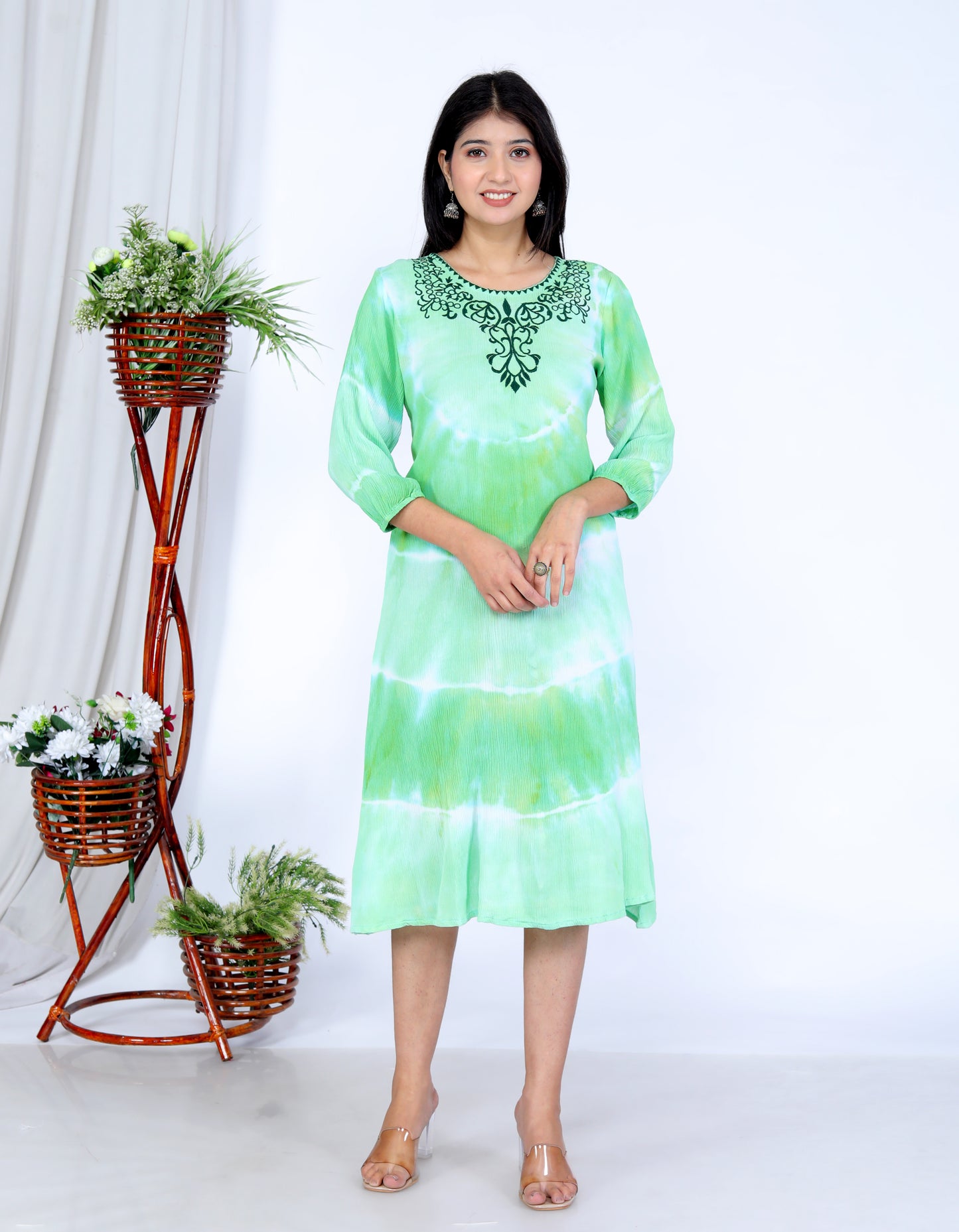 Handcrafted Tie-Dye Rayon Dress with Embroidery - Fresh Green