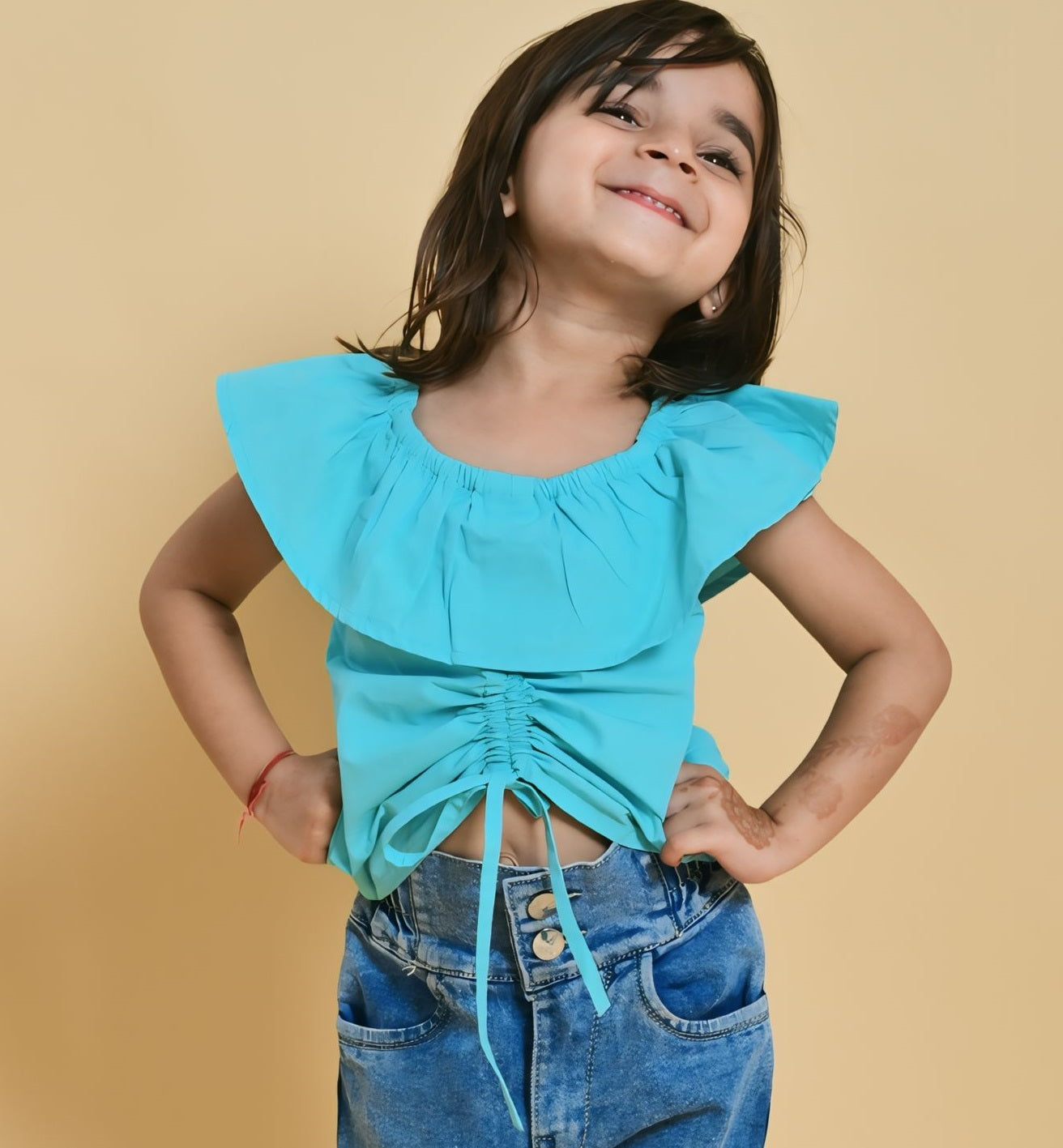 Girl's Cotton Poplin Top with Ruffled Shoulders – Aqua Blue | Comfortable & Stylish