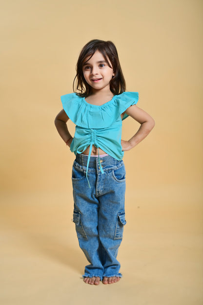 Girl's Cotton Poplin Top with Ruffled Shoulders – Aqua Blue | Comfortable & Stylish