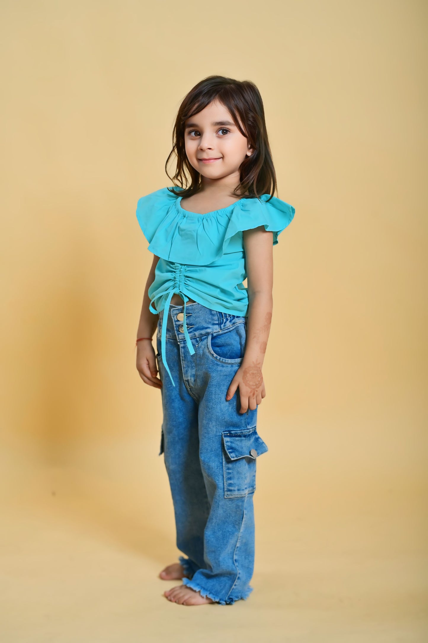 Girl's Cotton Poplin Top with Ruffled Shoulders – Aqua Blue | Comfortable & Stylish