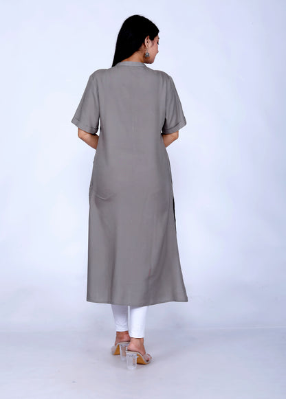 Sakura Grey One-Pocket Liva Viscose Rayon Staple Kurta