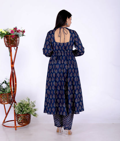 Sakura Women's Indigo Blue Cambric Cotton Ajrak-Inspired Anarkali Kurta Set with Dupatta and Pants