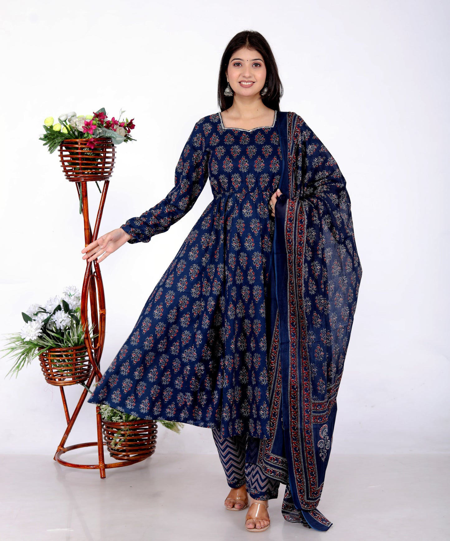 Sakura Women's Indigo Blue Cambric Cotton Ajrak-Inspired Anarkali Kurta Set with Dupatta and Pants