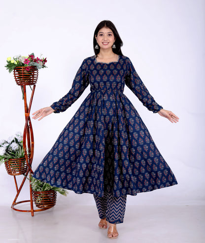 Sakura Women's Indigo Blue Cambric Cotton Ajrak-Inspired Anarkali Kurta Set with Dupatta and Pants