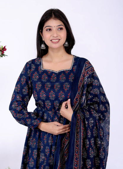 Sakura Women's Indigo Blue Cambric Cotton Ajrak-Inspired Anarkali Kurta Set with Dupatta and Pants