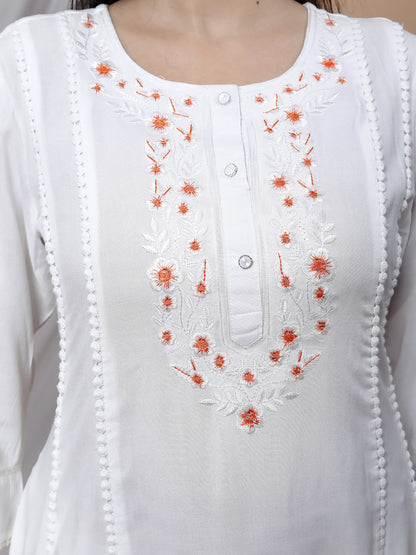 Elegant White Embroidered Kurta Set with Palazzo and Dupatta | 100% Liva Viscose Rayon Staple