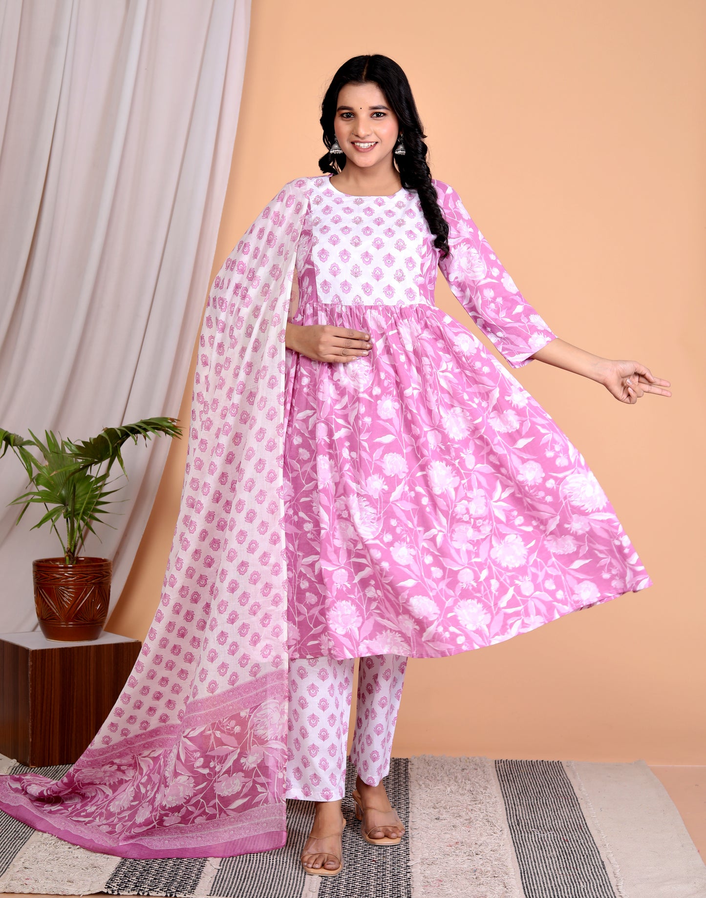 Lilac Pink Floral Print 3-Piece Anarkali Suit Set with Hand Embroidered Yoke