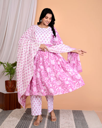 Lilac Pink Floral Print 3-Piece Anarkali Suit Set with Hand Embroidered Yoke